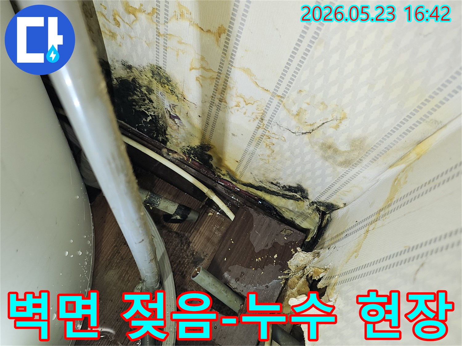 벽면과 바닥 코너가-물에 젖어 심하게 오염된-누수 발생 현장 이미지입니다.