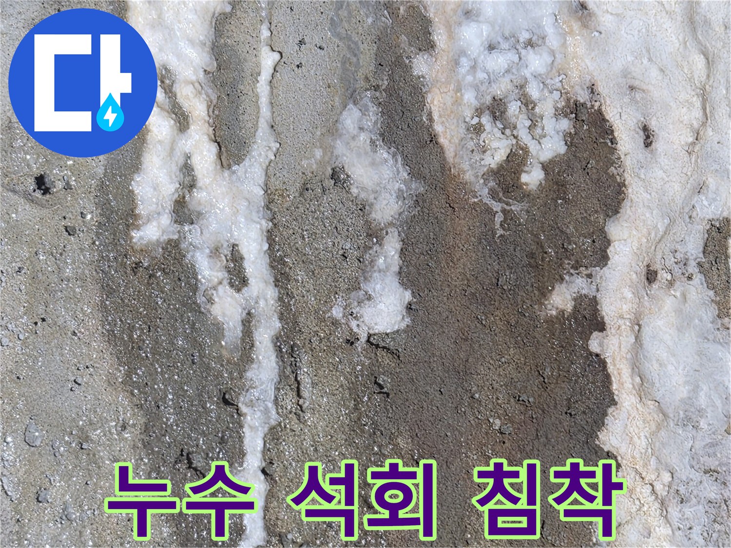 배관 주변 슬라브에 하얗게 굳은 석회 성분과 습기 흔적