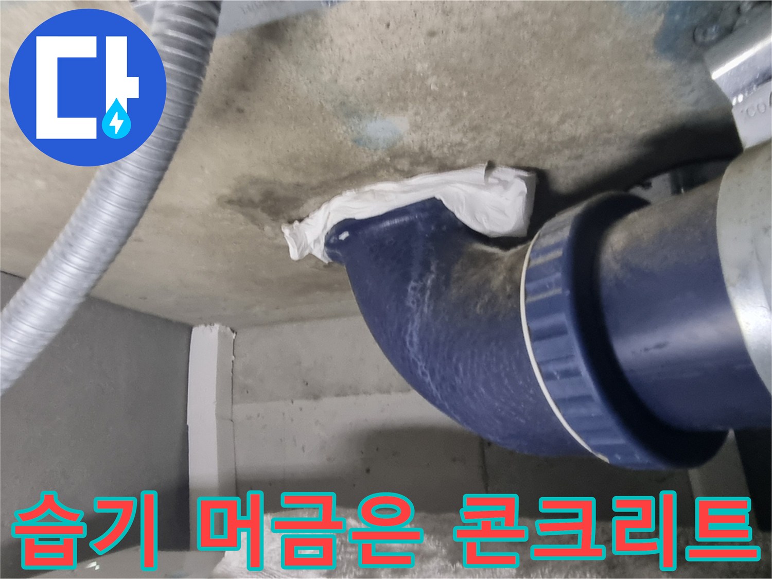 천장 슬라브-오수 배관 주변의 젖은 콘크리트 면