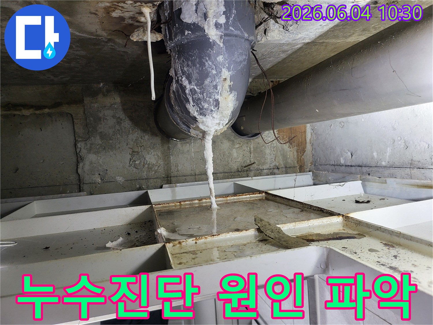 천장 배관에서 물이 새어 나와-석회질이 고드름처럼 맺히고-아래 바닥에 물이 고인 누수 현장