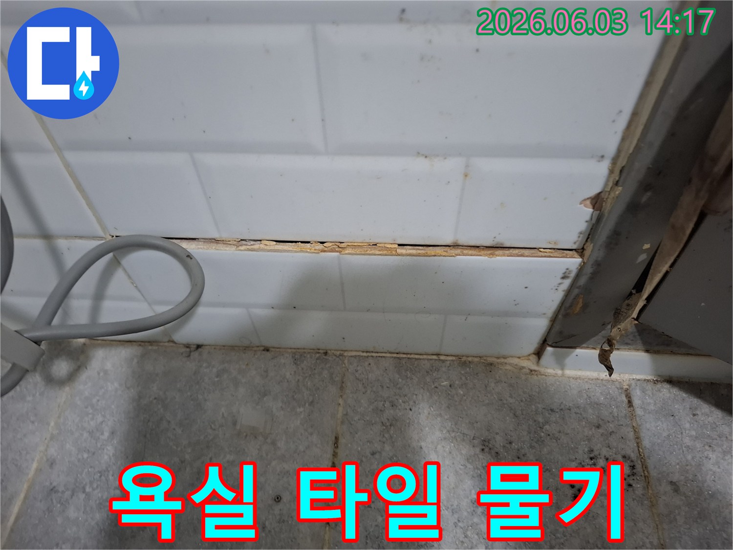 욕실-타일-틈새의-손상으로-인해-물기가-침투한-현장을-보여주는-사진입니다