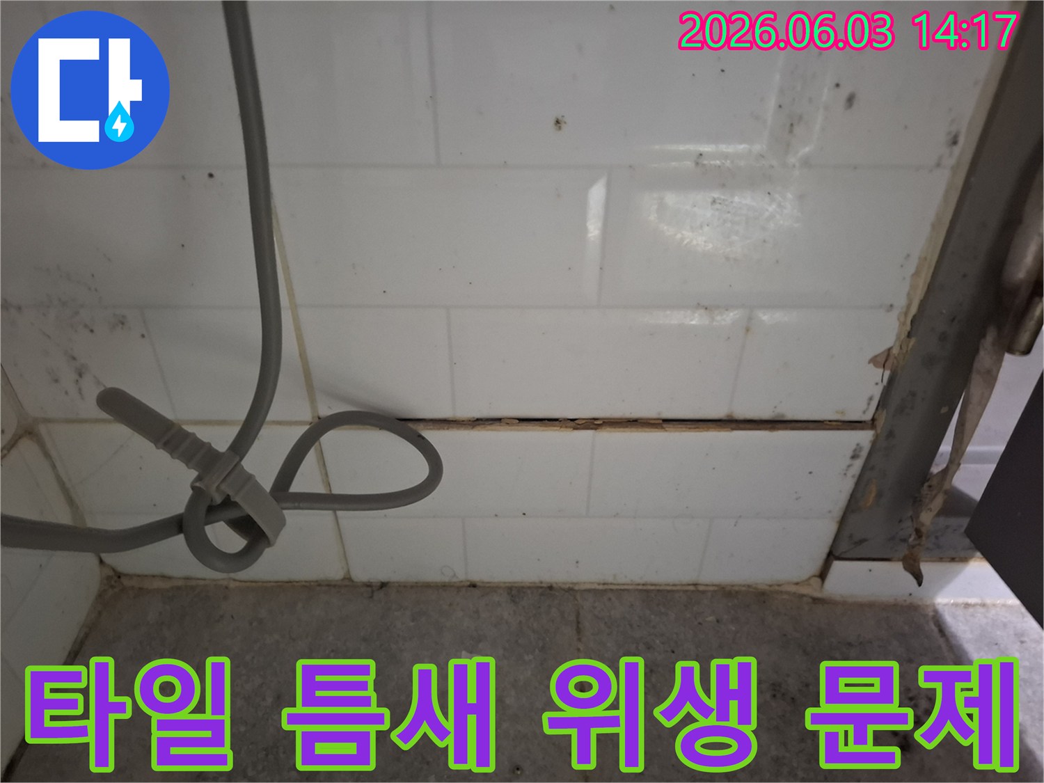 이 이미지는-타일 틈새 방치로-인한 누수가-위생 문제로-이어질 수 있음을-시사하는-현장을-보여줍니다