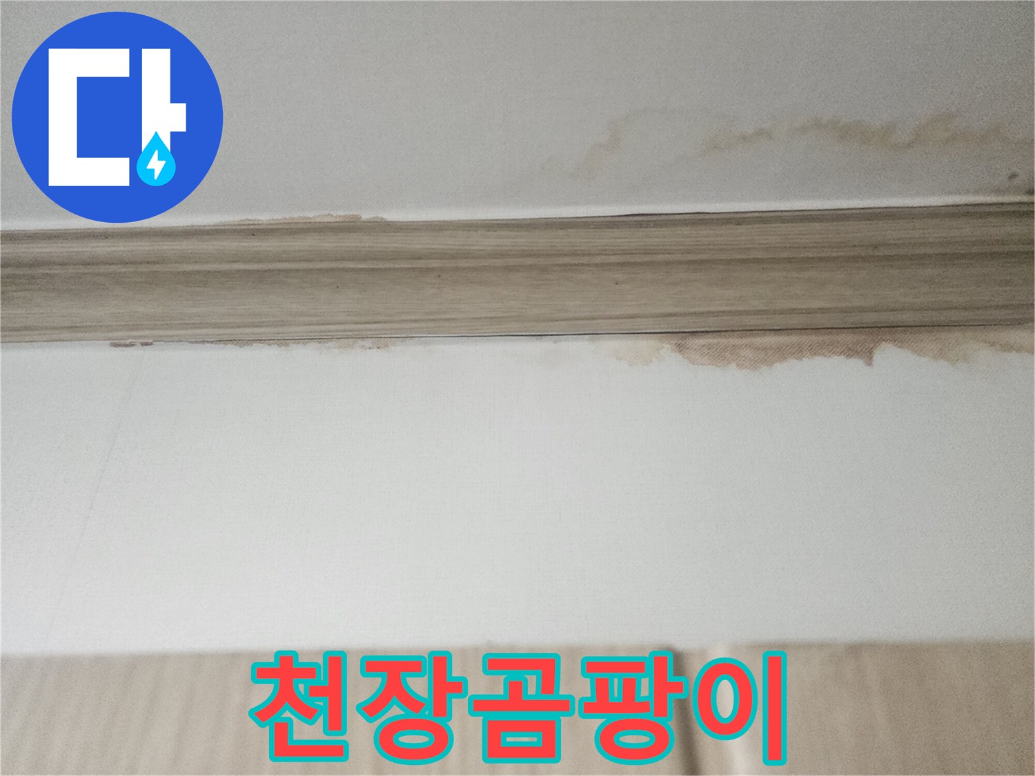 오래된 누수로 인해-천장 도배지에-물이 스며들어-변색된 모습을-자세히 보여주는 이미지입니다.