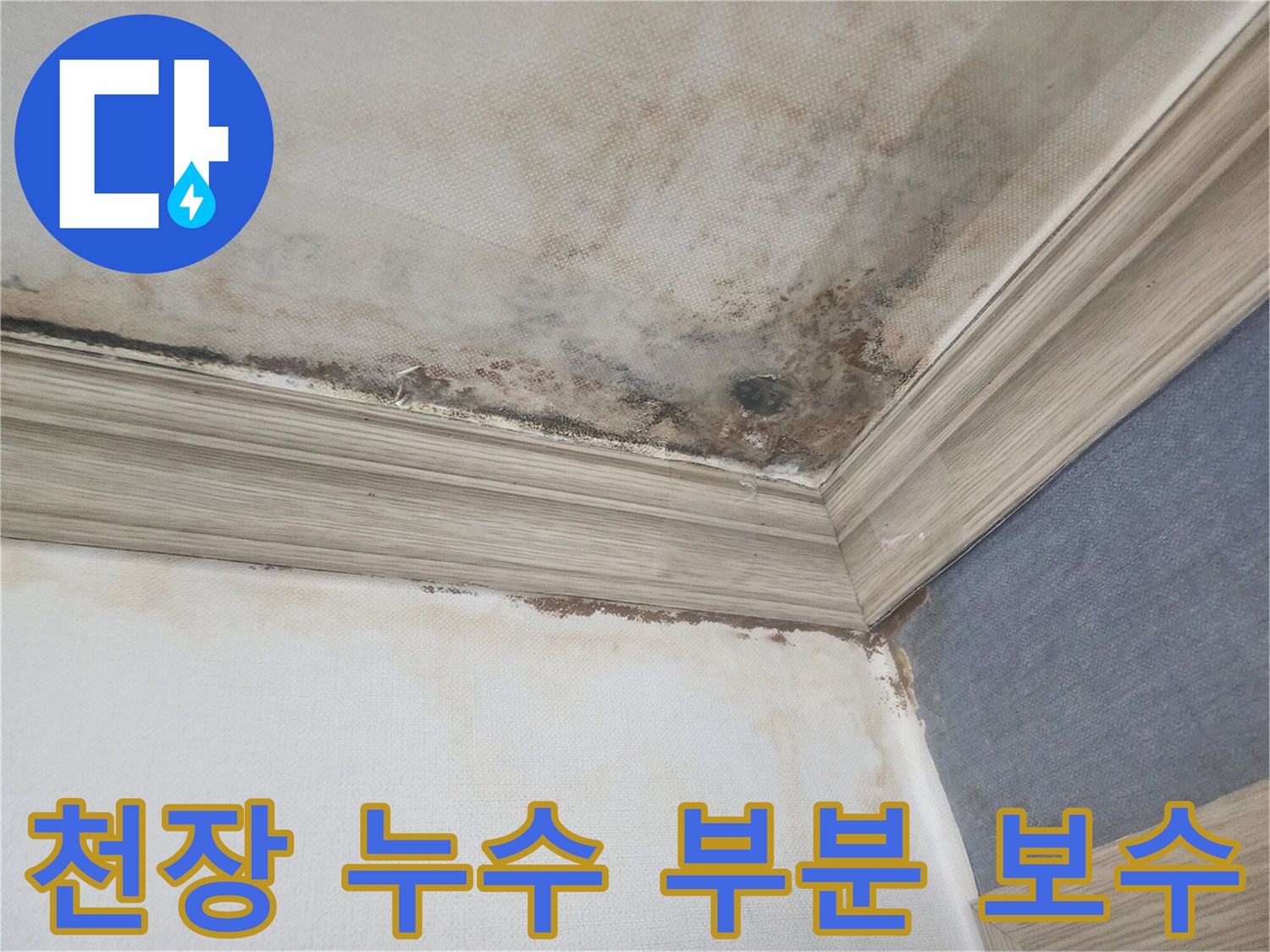 평택 아파트 천장 누수로-인해 벽지가 젖은 현장에서-누수탐지 후-부분 보수를 진행하는 모습입니다.