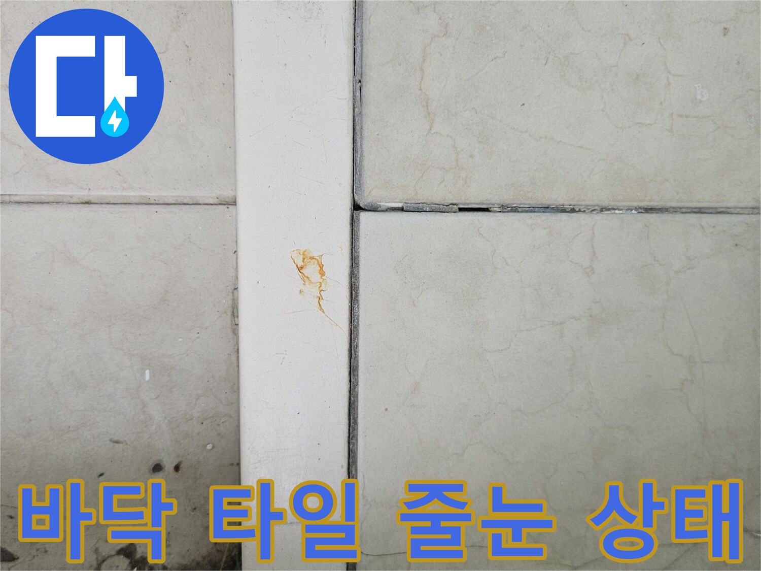 습기로 인해 하얗게 변한 타일 줄눈과 균열 부위