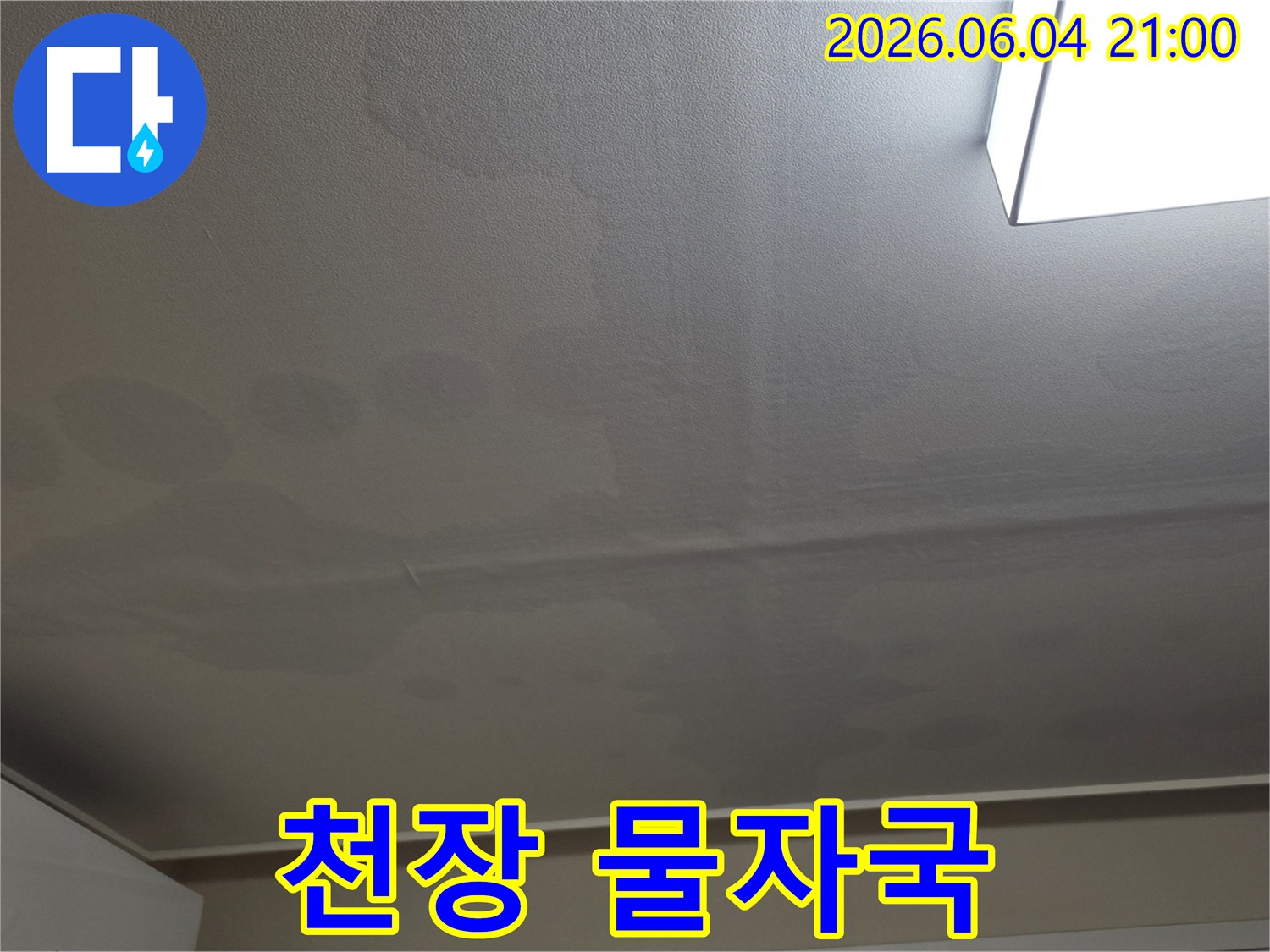 천장 표면에 물이 스며들어 생긴 얼룩과 변색이 명확하게 보이는 이미지로-누수 문제의 심각성을 보여줍니다.