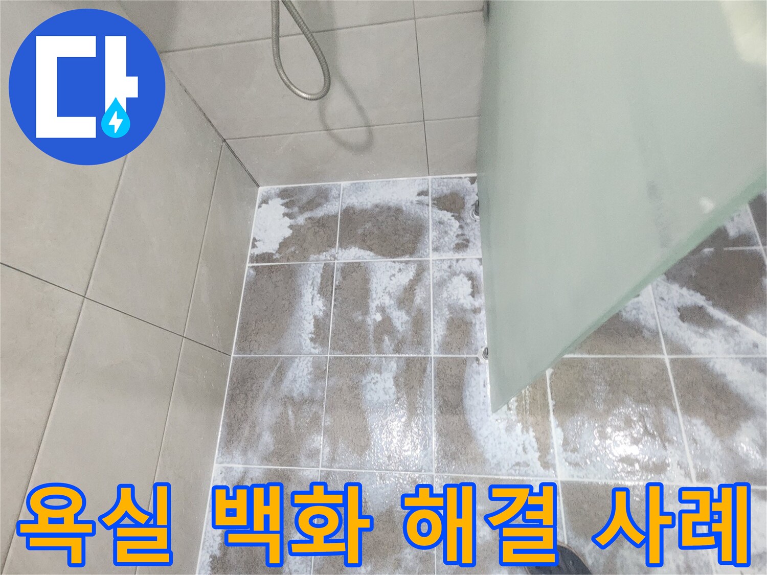 욕실 바닥 타일 줄눈에 하얗게 나타난 백화 현상으로-물이 지속적으로 침투하고 있음을 보여주며 침투 방수 해결 사례 분석이 필요한 이미지
