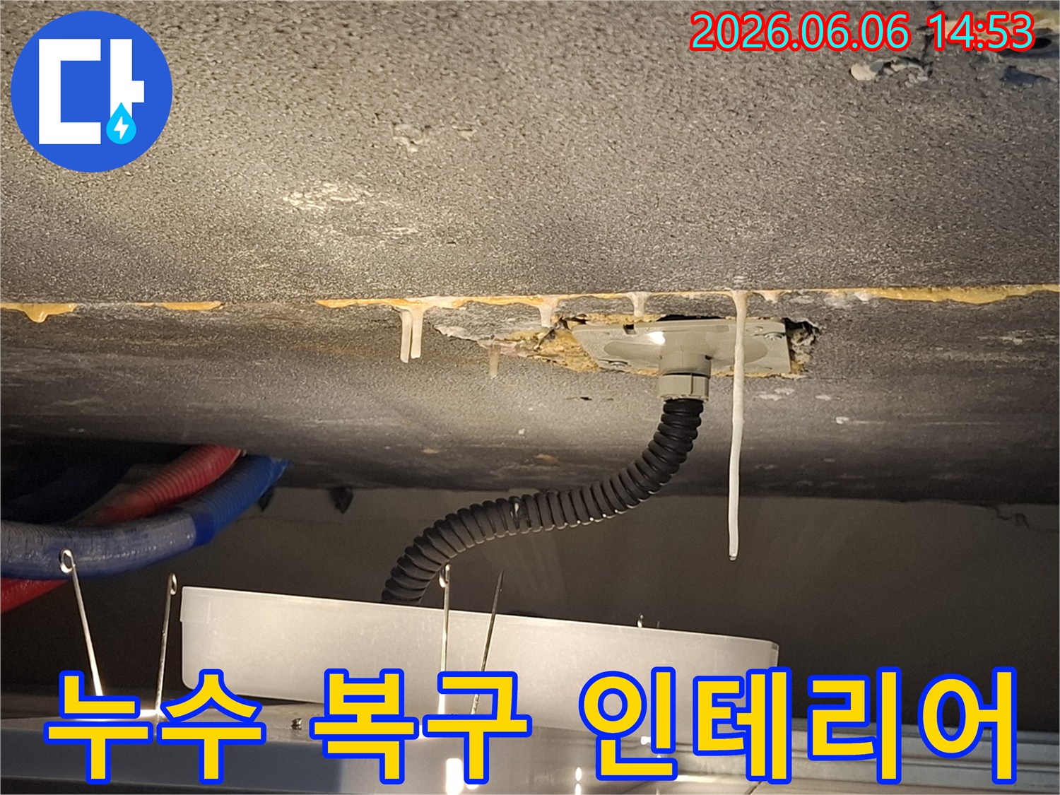 누수로-인해-콘크리트-천장에서-물이-새는-모습을-담은-사진입니다