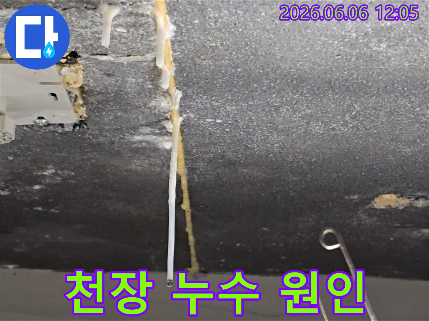 천장에서 물이 떨어져-형성된 석회 침전물을-정밀하게 관찰하고 있습니다