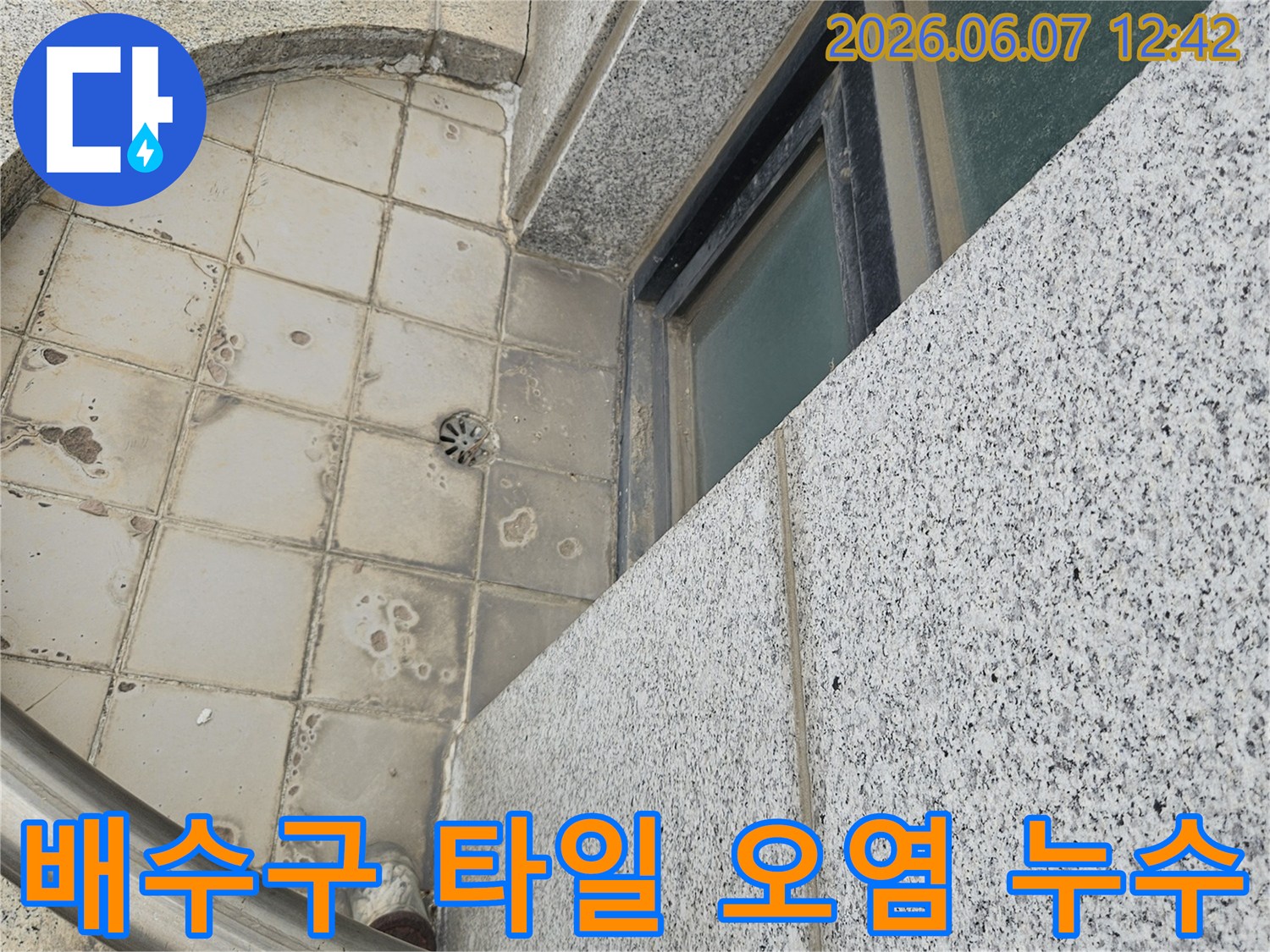 고양시-일산동구-누수-전문가가-배수구-주변-타일의-심각한-오염과-누수-가능성을-확인하는-모습