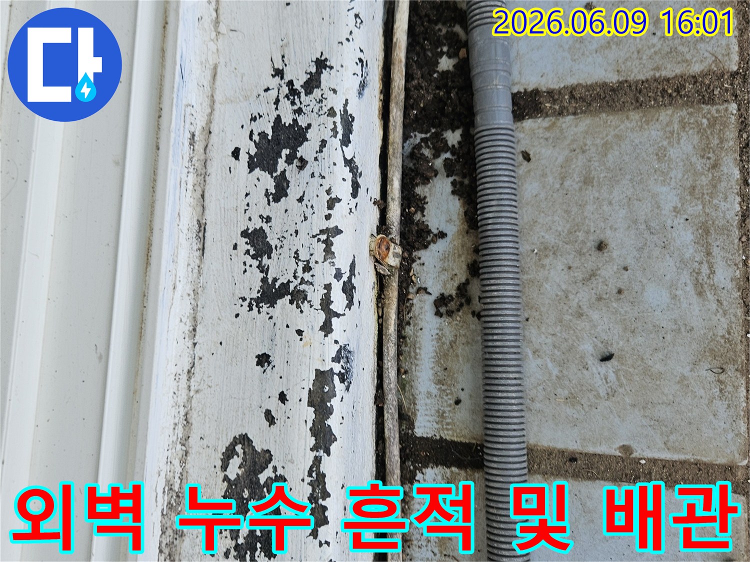 의정부 호원동 한신아파트 외벽에서-발견된 누수 흔적과-주변에 설치된-배관의 모습을-보여주는 현장 사진