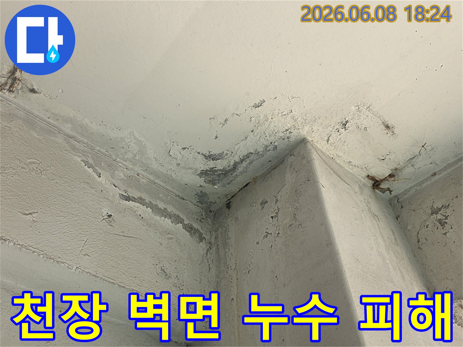 천장-모서리-부분의-누수로-인한-심각한-도배-손상입니다