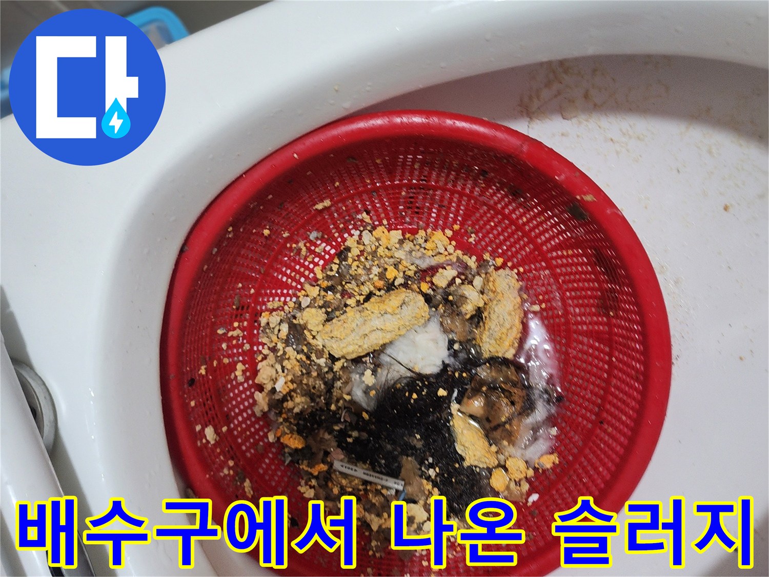 빨간색 바구니에 모인 배수구 이물질과 머리카락 뭉치