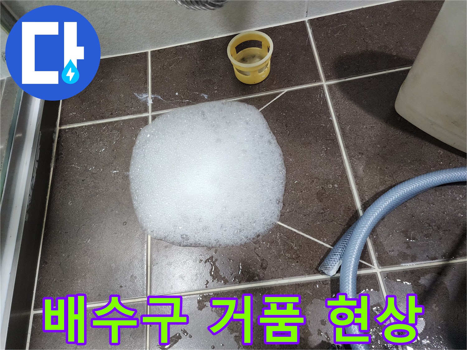배수구 주변에 형성된 하얀색 약품 거품