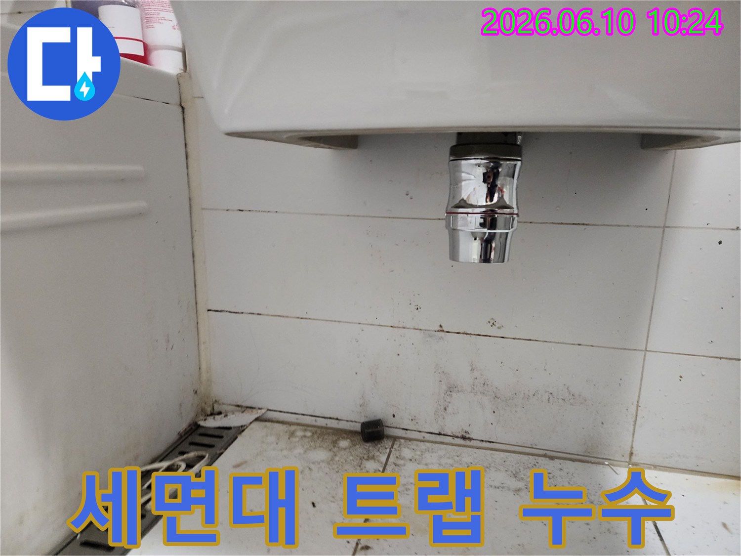 욕실 세면대 트랩 주변에 발생한 곰팡이와 바닥 오염-트랩 누수 가능성