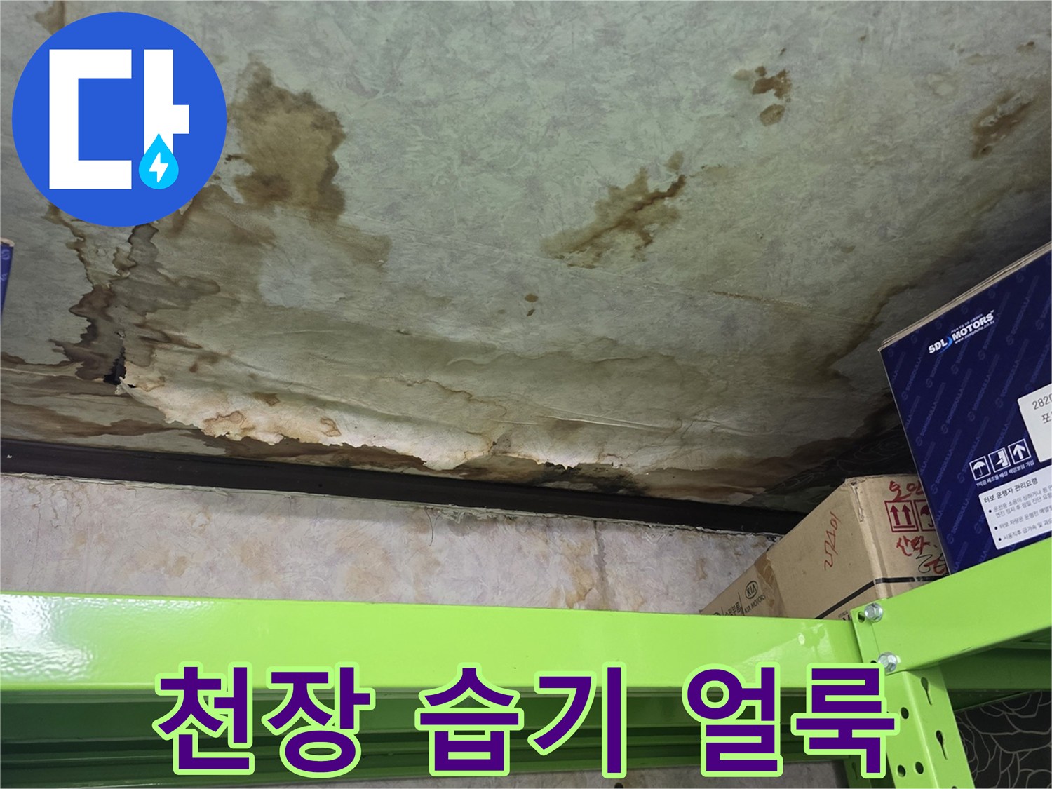 누수로 인해 발생한 천장의 넓은 물자국과 변색 부위