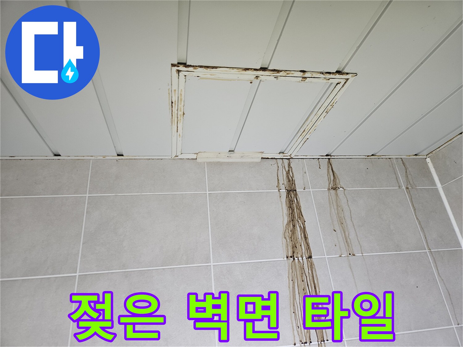 천장 점검구 주변의 젖은 흔적과 타일 벽면을 타고 흐른 물길 자국