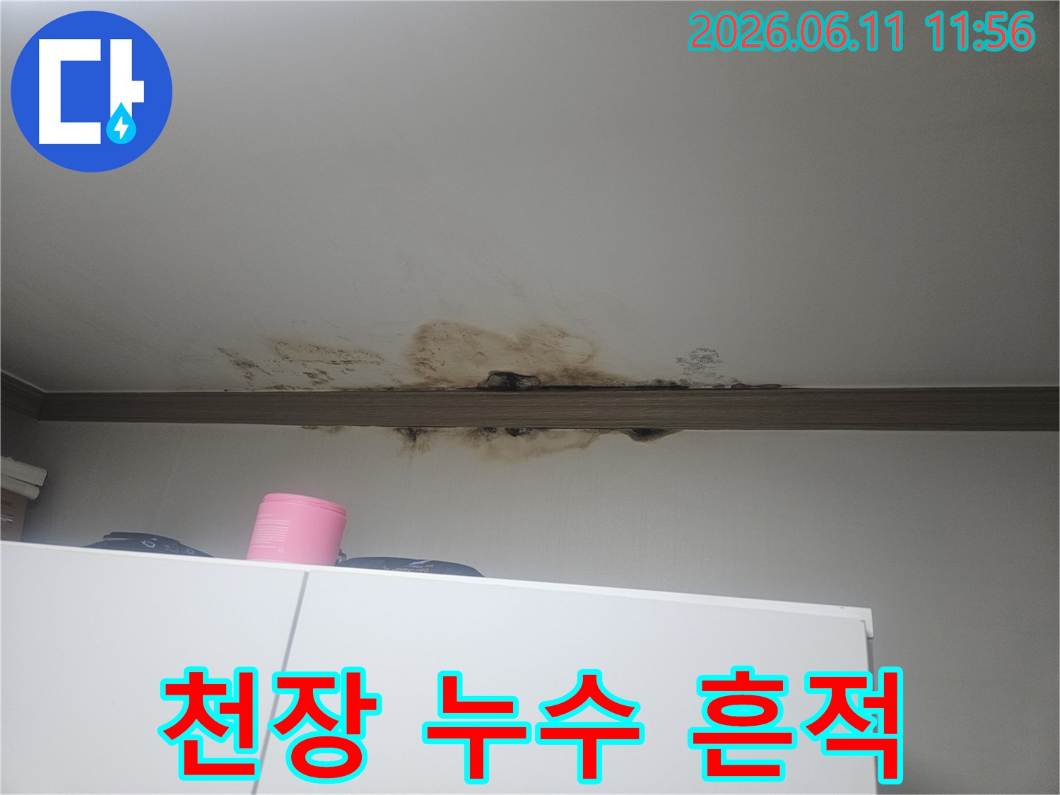 천장에서 물이 새어-얼룩과 곰팡이가 생긴-심각한 누수 현장 이미지