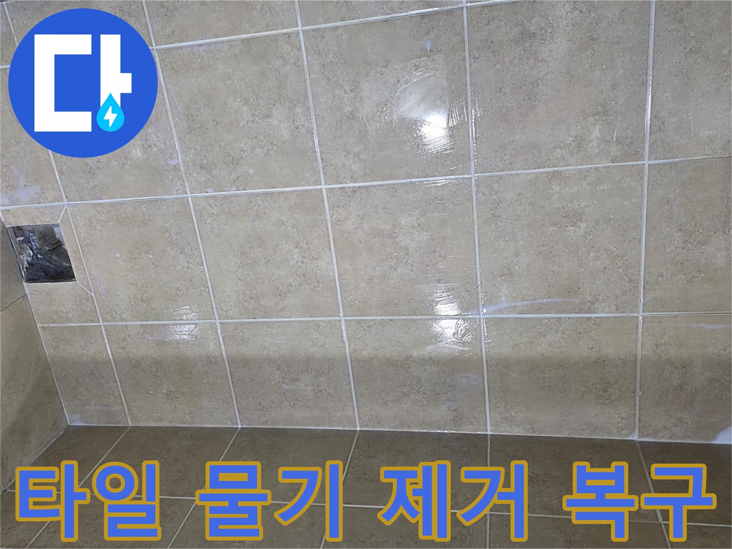 누수로 인해 젖어있는 타일 바닥-물기 제거 및 복구가 필요한 현장-습기가 스며들어 변색된 타일 줄눈
