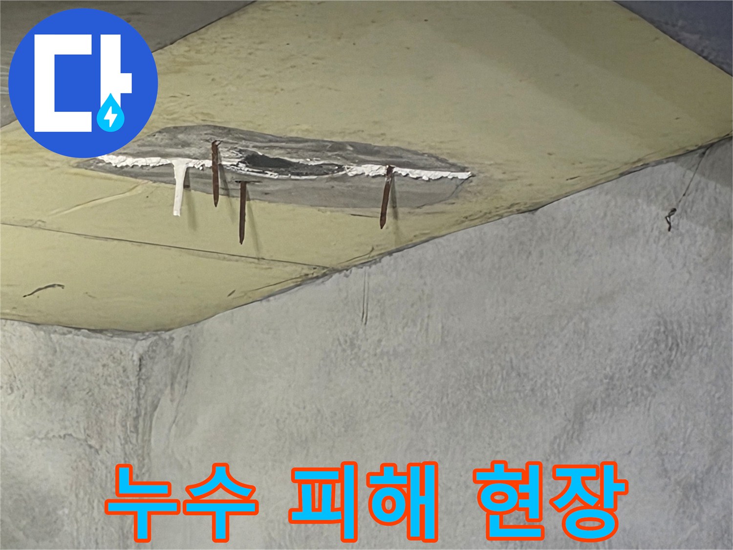 천장에서 물이 떨어지고-벽면이 젖는 현상으로-심각한 누수 피해가 확인되는-현장 사진입니다