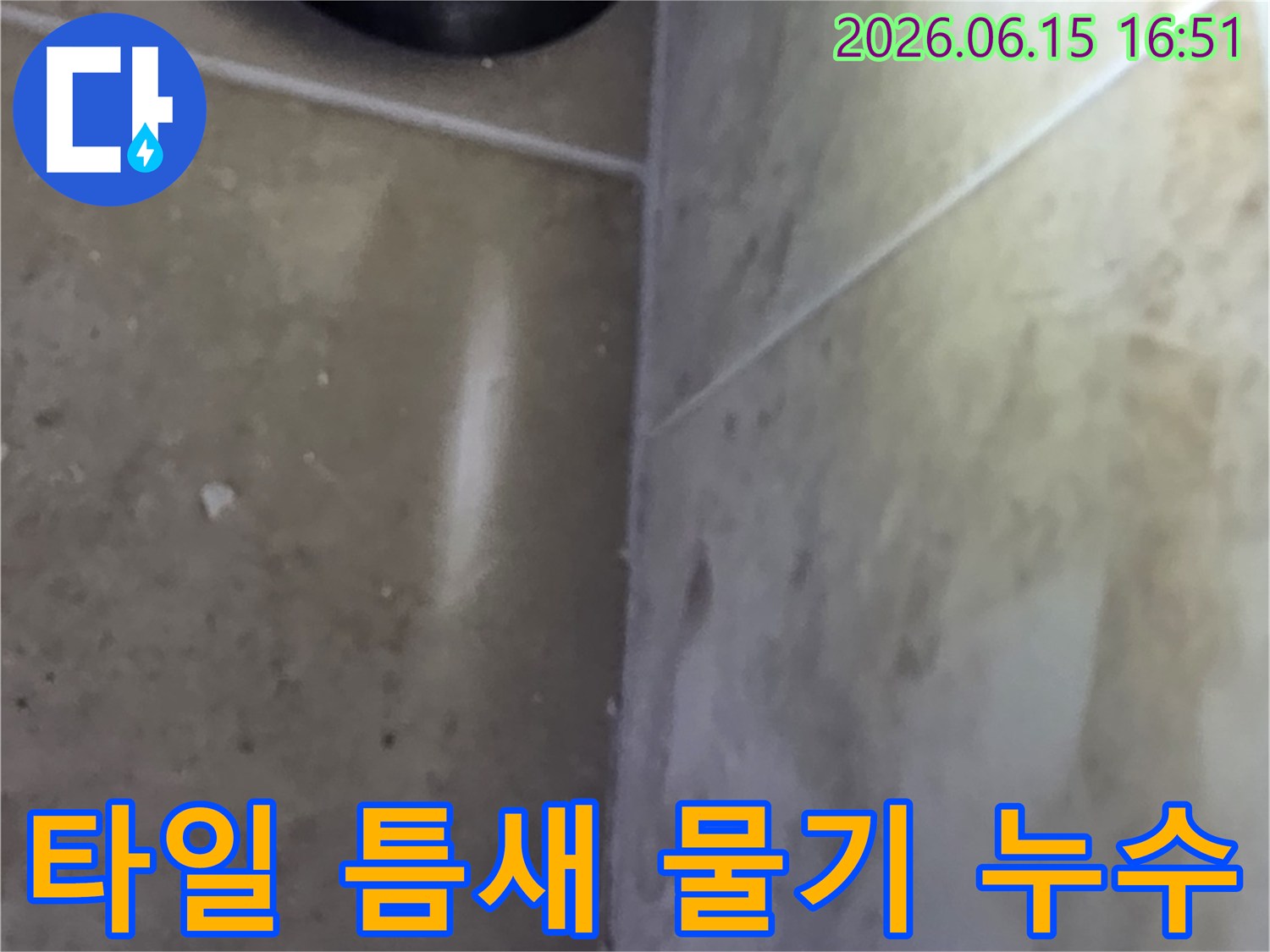 타일 사이 틈새에서 발견된 물기로-누수 발생 지점을 파악하는 현장 사진