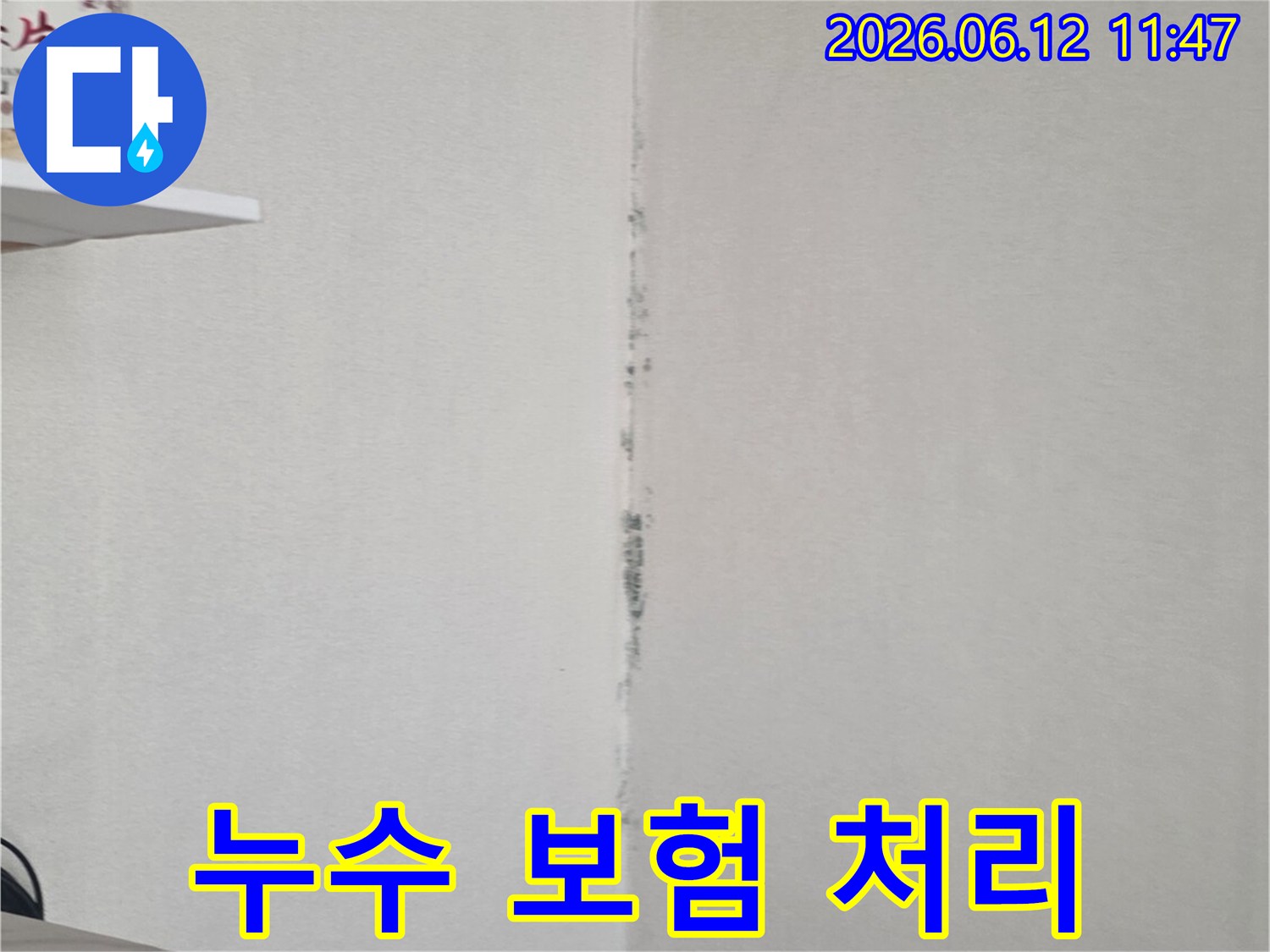 천장 모서리에 검은 곰팡이가 번져 있어-누수 피해에 대한 보험 처리 가능성을 확인해야 함을 보여줍니다.