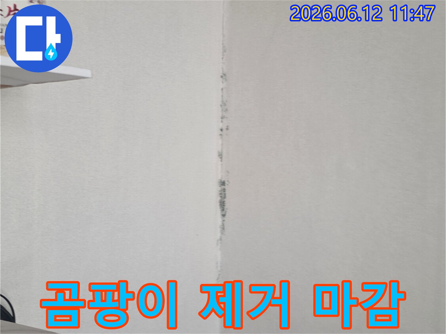천장 모서리에 검은 곰팡이가 번져 있어-누수 해결 후 깨끗한 도배 및 마감 작업이 필요함을 보여줍니다.