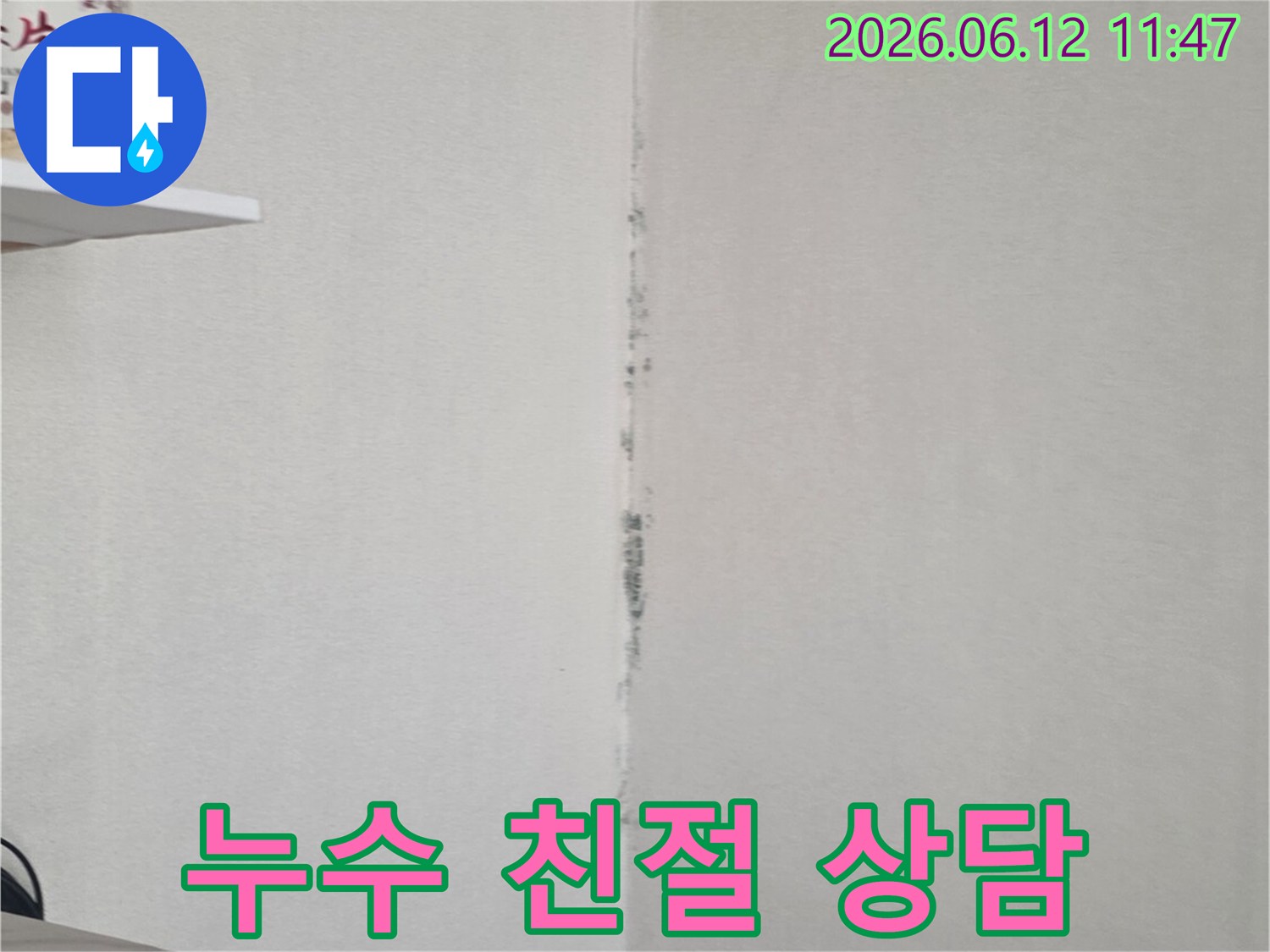천장 모서리에 검은 곰팡이가 번져 있어-친절하고 전문적인 누수 상담이 필요함을 보여줍니다.