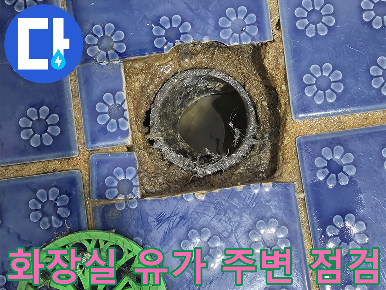 푸른색 타일 사이 배수구 주변의 균열과 노출된 배관 상태