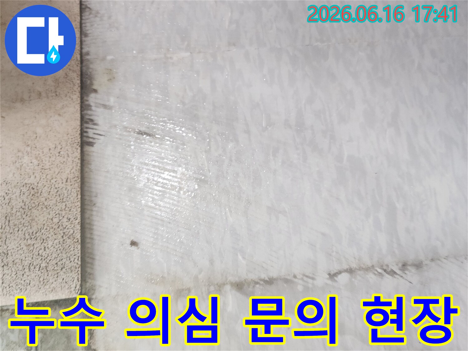 누수 전문가가 고객님의 집 바닥에서 누수가 의심되는 상황을-확인하고 문의에 답변하는 모습을 보여줍니다.