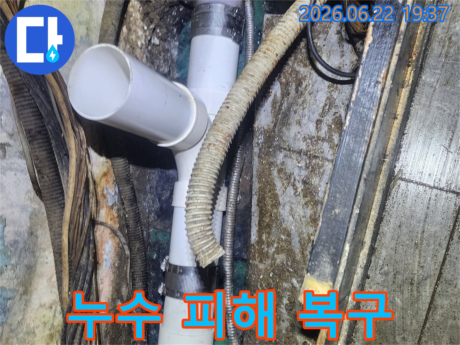 누수로-인해-오염된-환경에서-손상된-배관을-새로운-PVC-배관으로-교체하고-주변을-복구하는-현장-사진