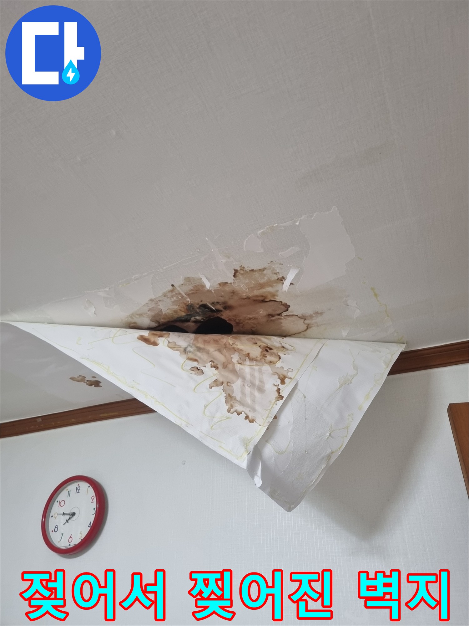 물에-젖어-너덜너덜해진-천장-벽지-상태