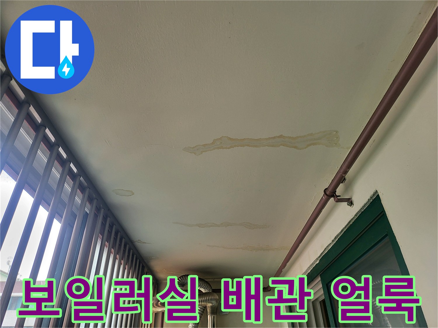 배관-근처-천장-면의-젖은-자국과-변색된-부위