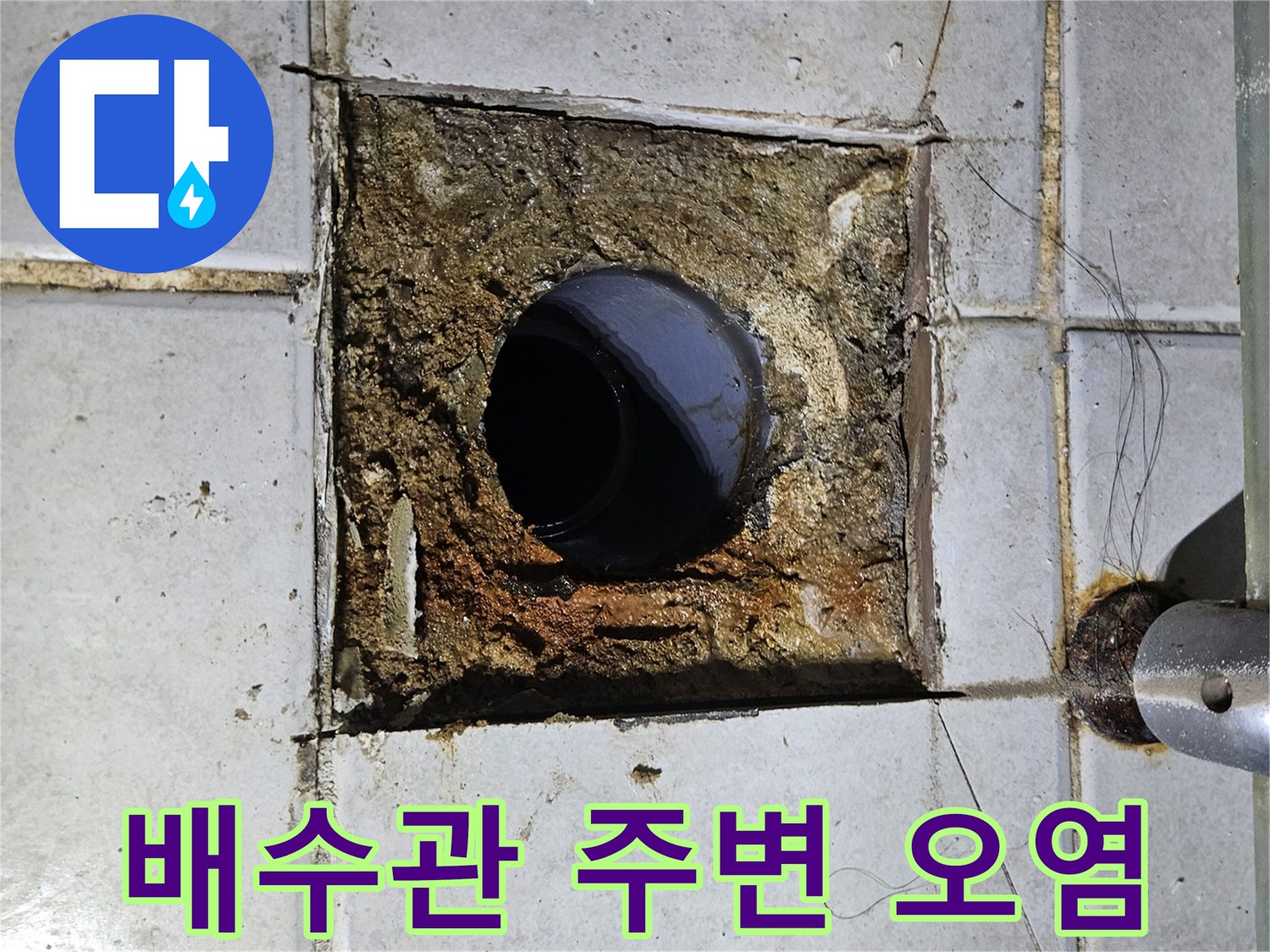화장실 바닥-오염된 배관 주위와 파손된 타일 마감면