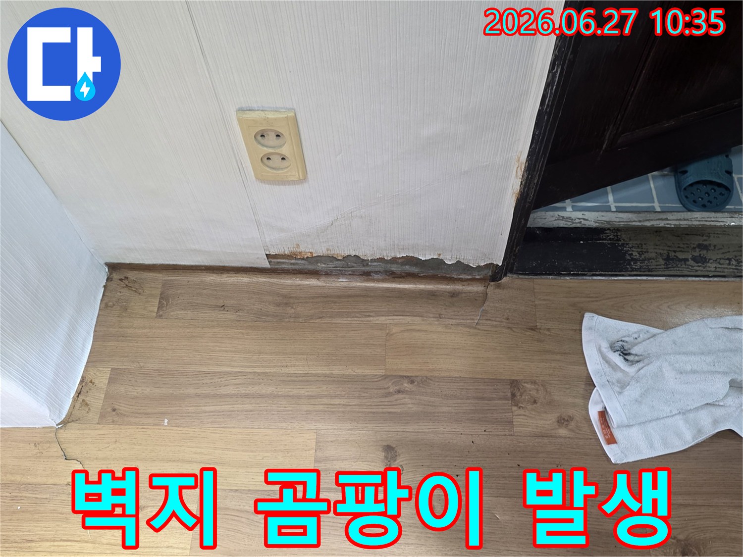 벽지 하단에 물기가 스며들어-곰팡이가 넓게 퍼진 누수 현장의 모습입니다.