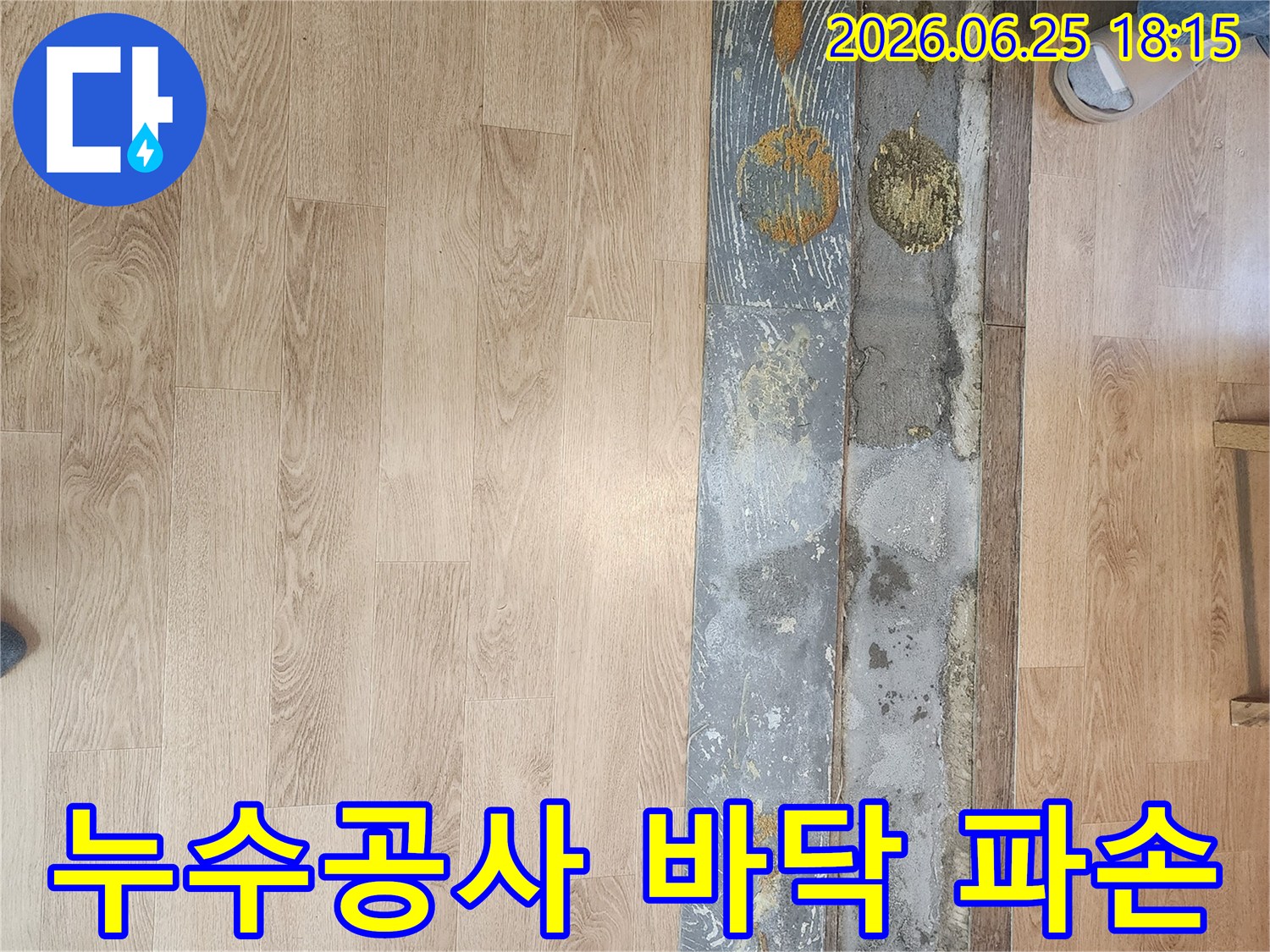 누수-공사-시작-전-바닥-마루를-걷어내고-물에-젖은-하부를-점검하는-모습