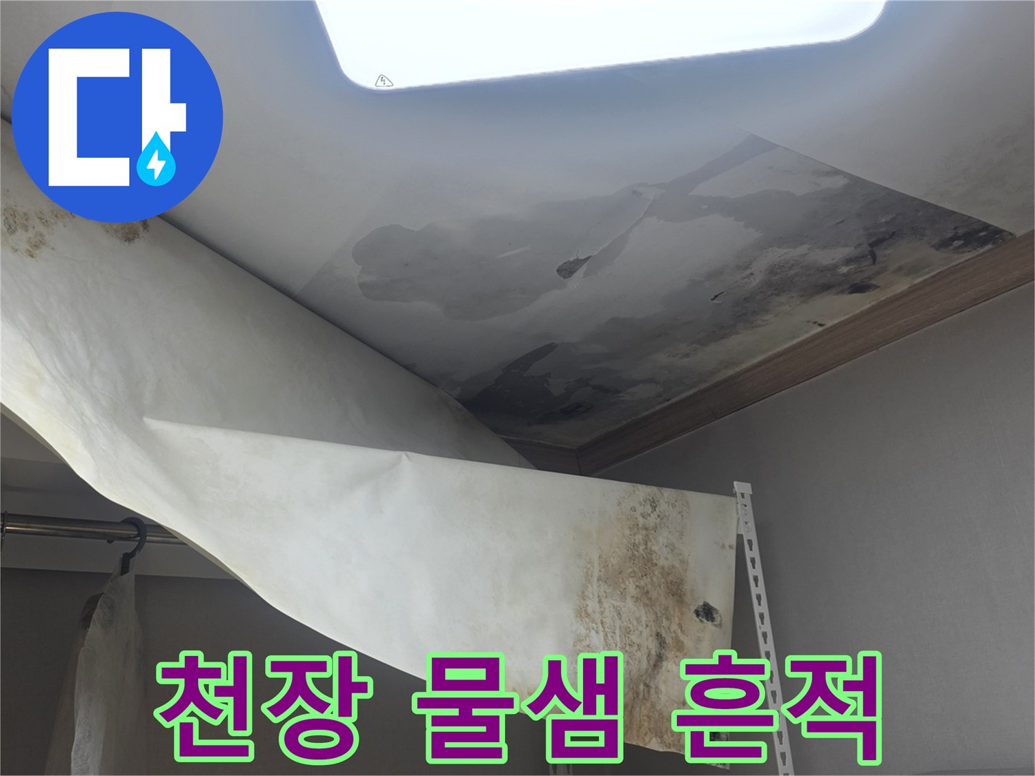 누수 문제로 인해-천장 도배지가-떨어져 내리고-검은 곰팡이가 가득한 모습입니다