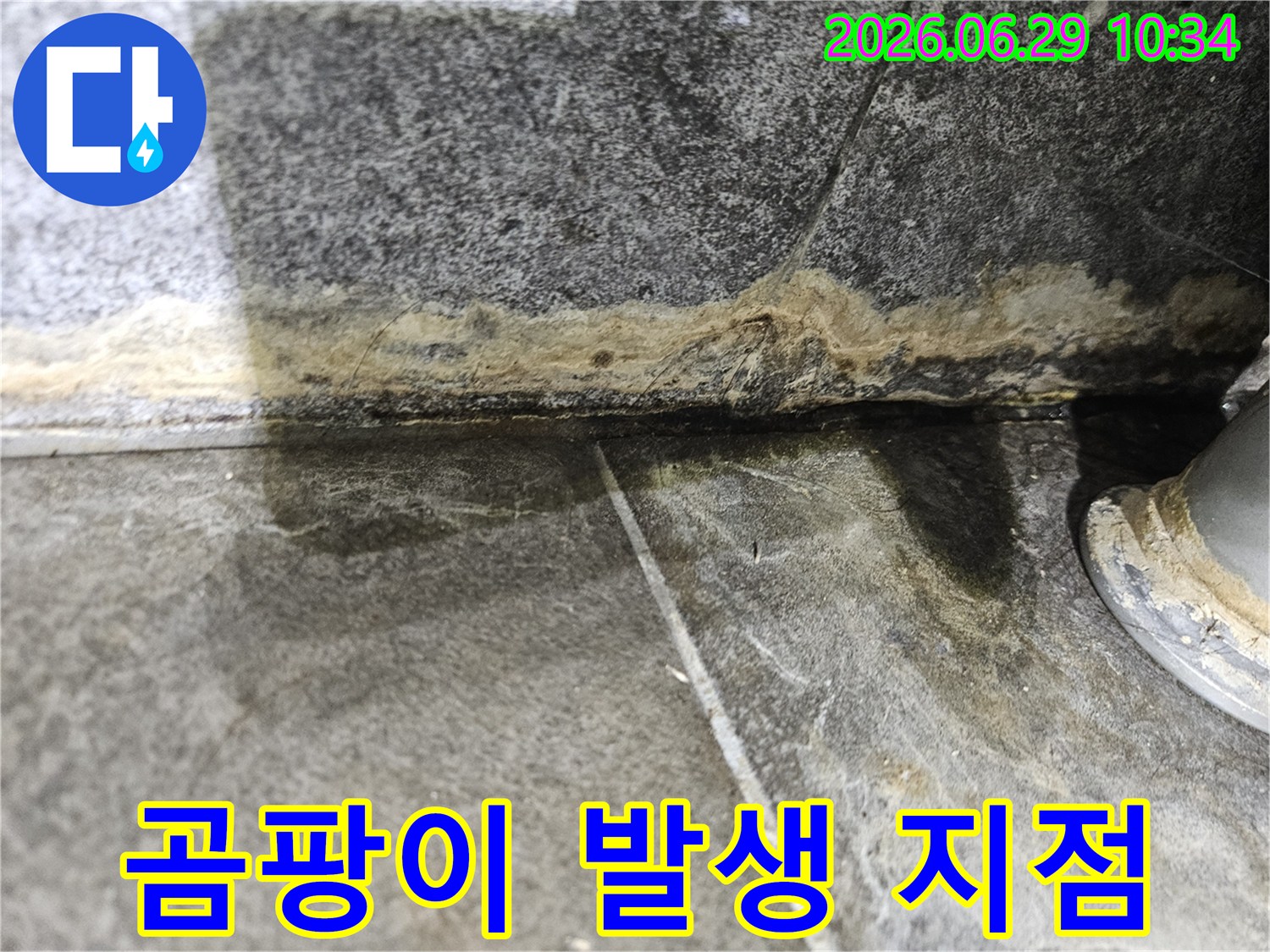 젖은-바닥과-변색된-벽면-틈새로-보이는-누수-원인-추정-부위