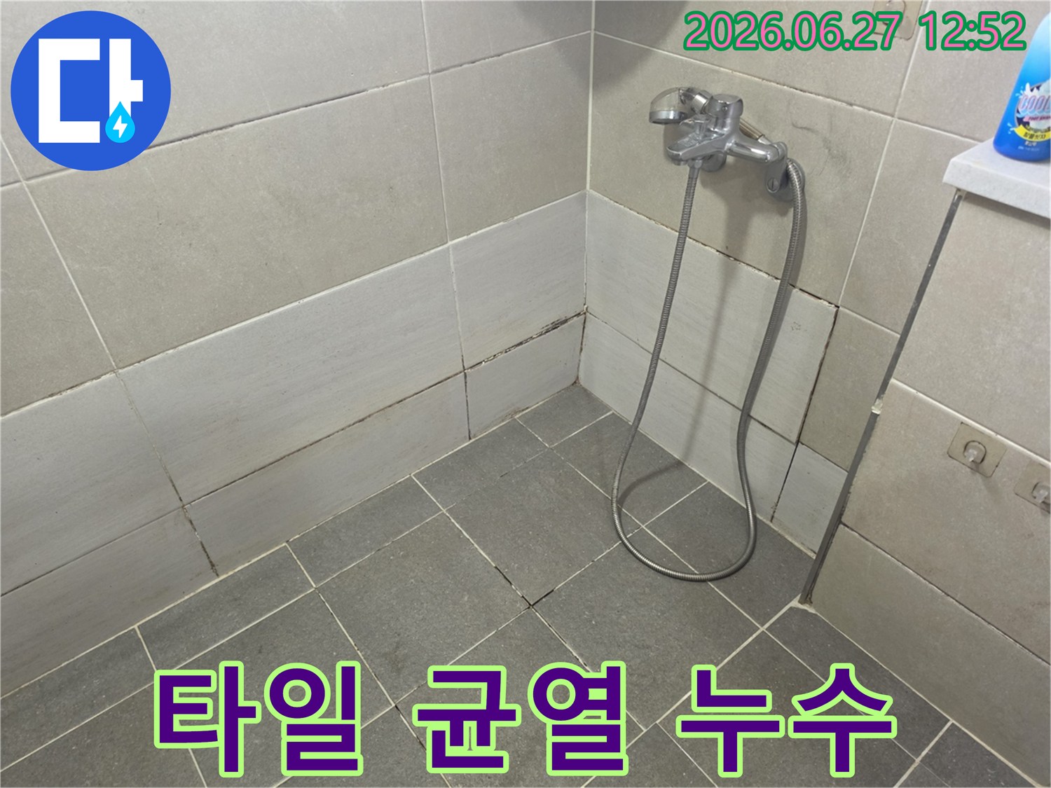 욕실 바닥 타일에 미세한 균열과 함께 검은 곰팡이가 보이는 모습-누수 원인으로 추정됩니다.