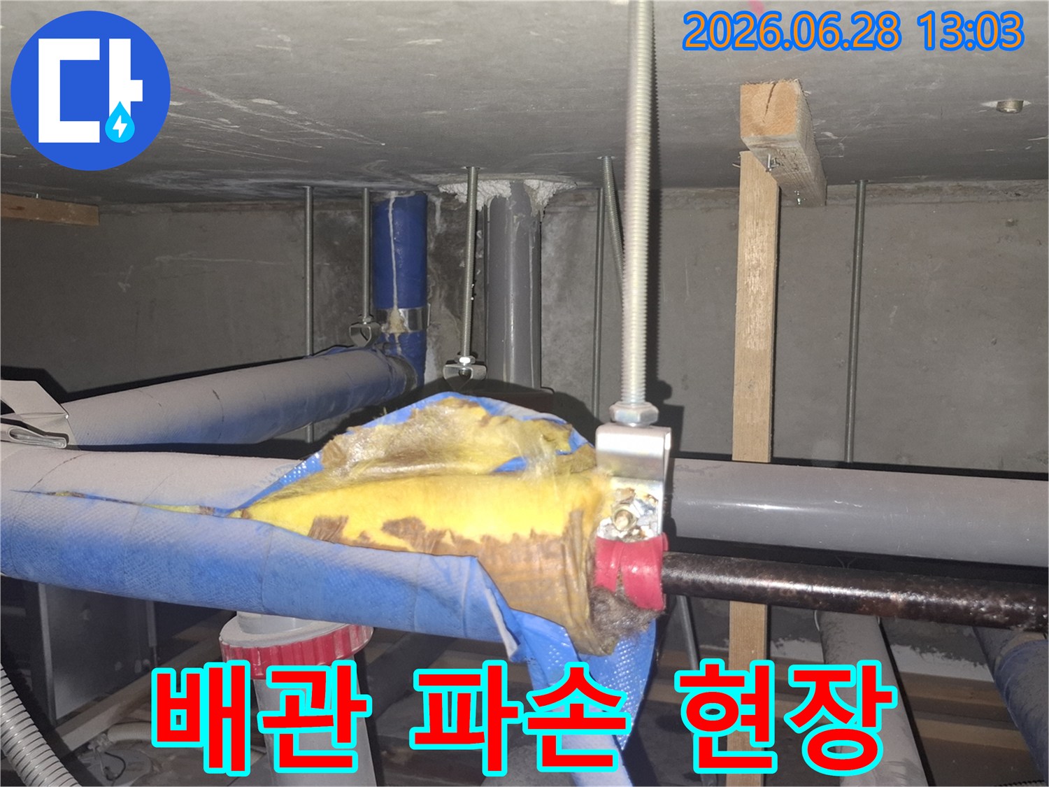 누수-탐지-중-발견된-배관-파손-현장을-점검하는-모습