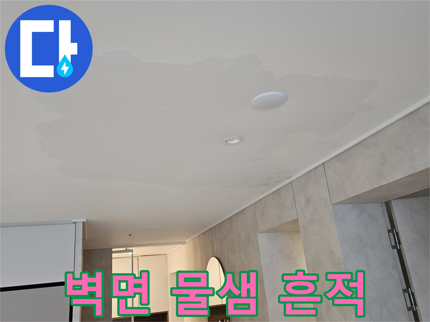 벽면에 발생한 커다란 수분 침투 및 얼룩 현상