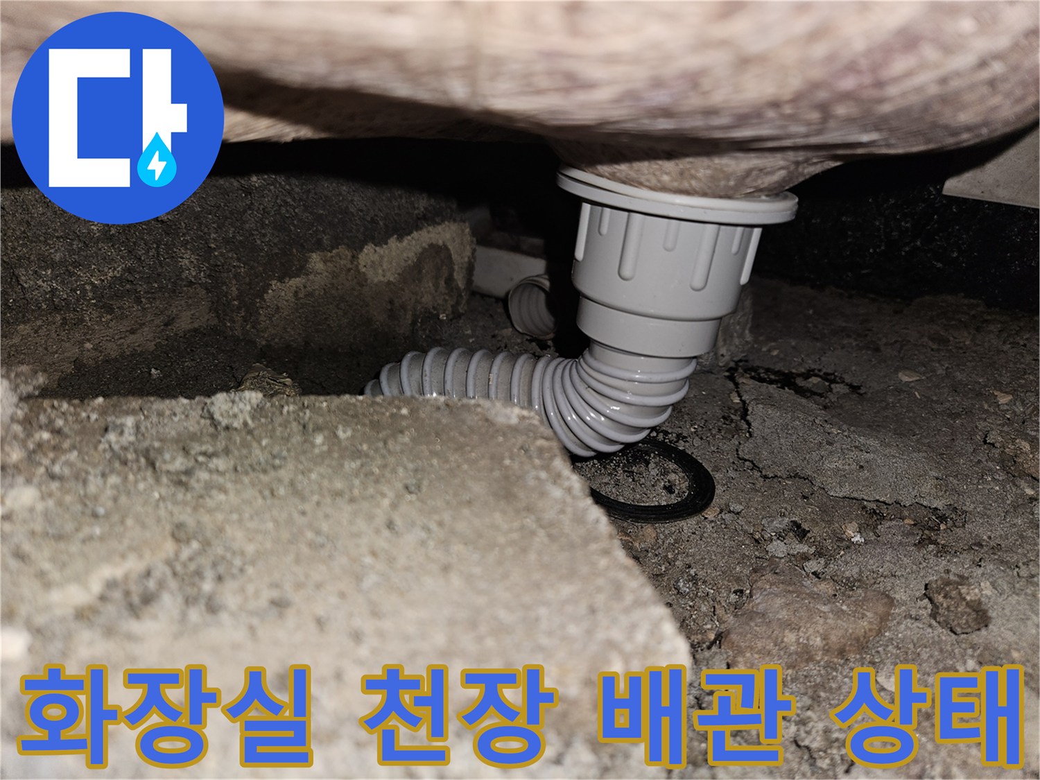 아랫집 화장실 천장-노출된 하수 배관과 콘크리트 균열 부위