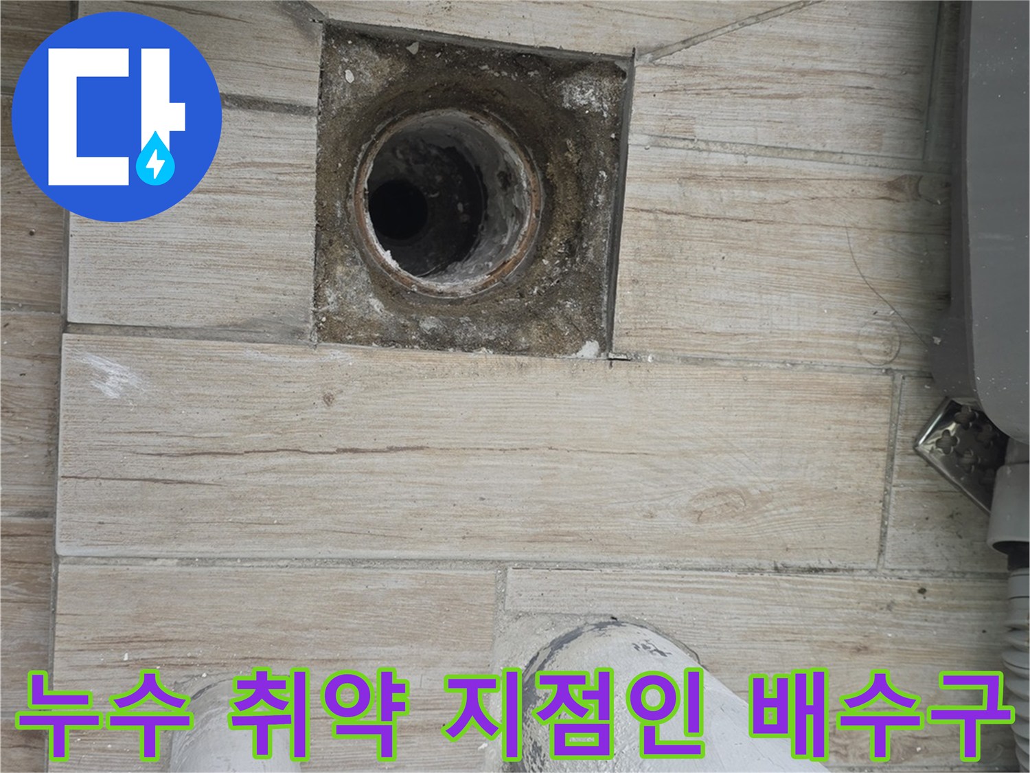 세탁실 바닥면의 배수관과 연결부위 집중 점검 모습