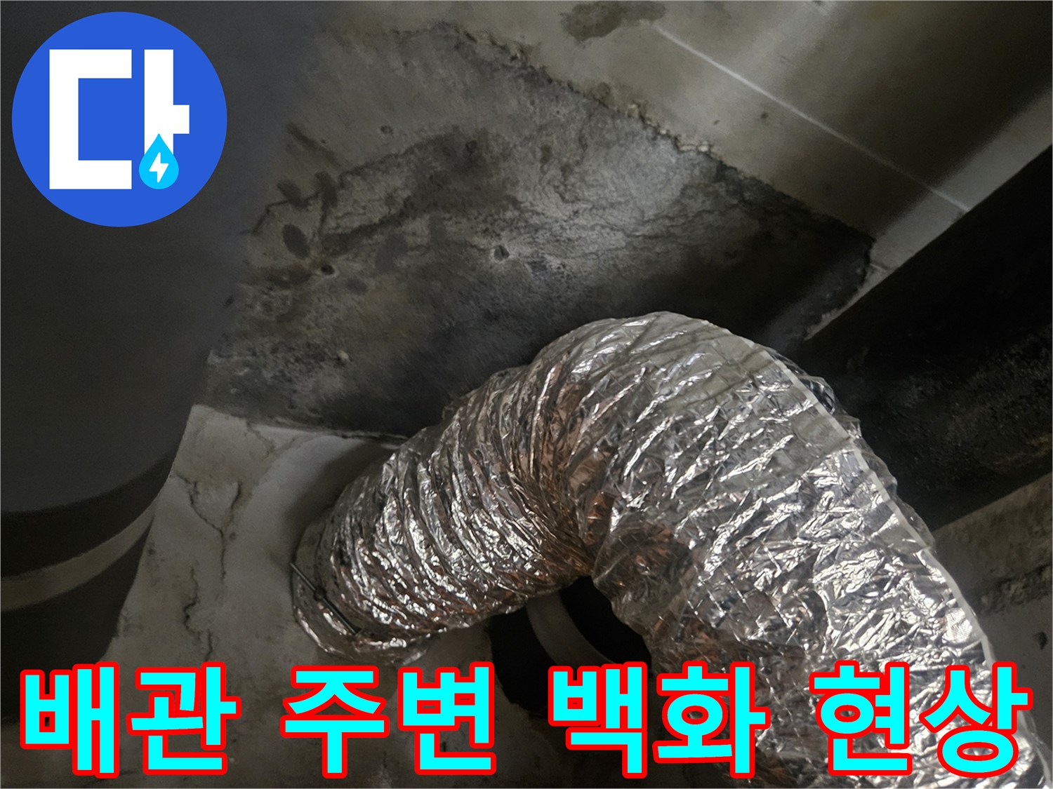 은색 배관과 젖어 있는 콘크리트 천장 면