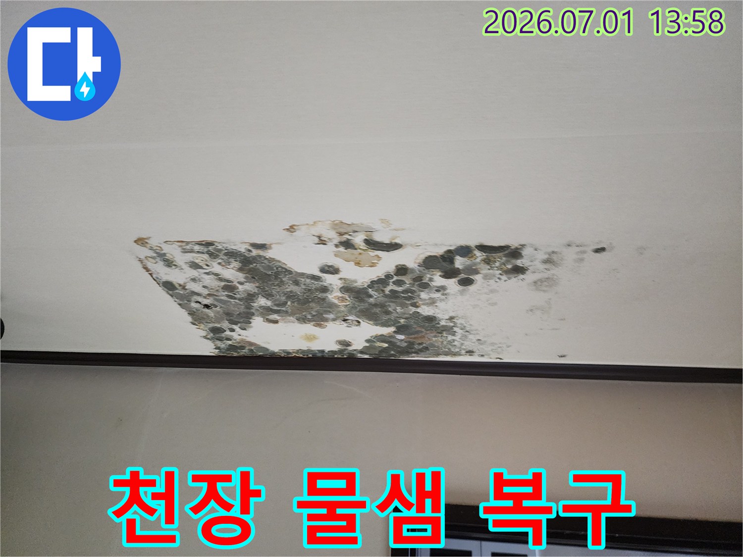 누수로-인해-천장에-발생한-물샘-현상과-곰팡이-피해를-보여주며-복구의-필요성을-강조하는-사진입니다