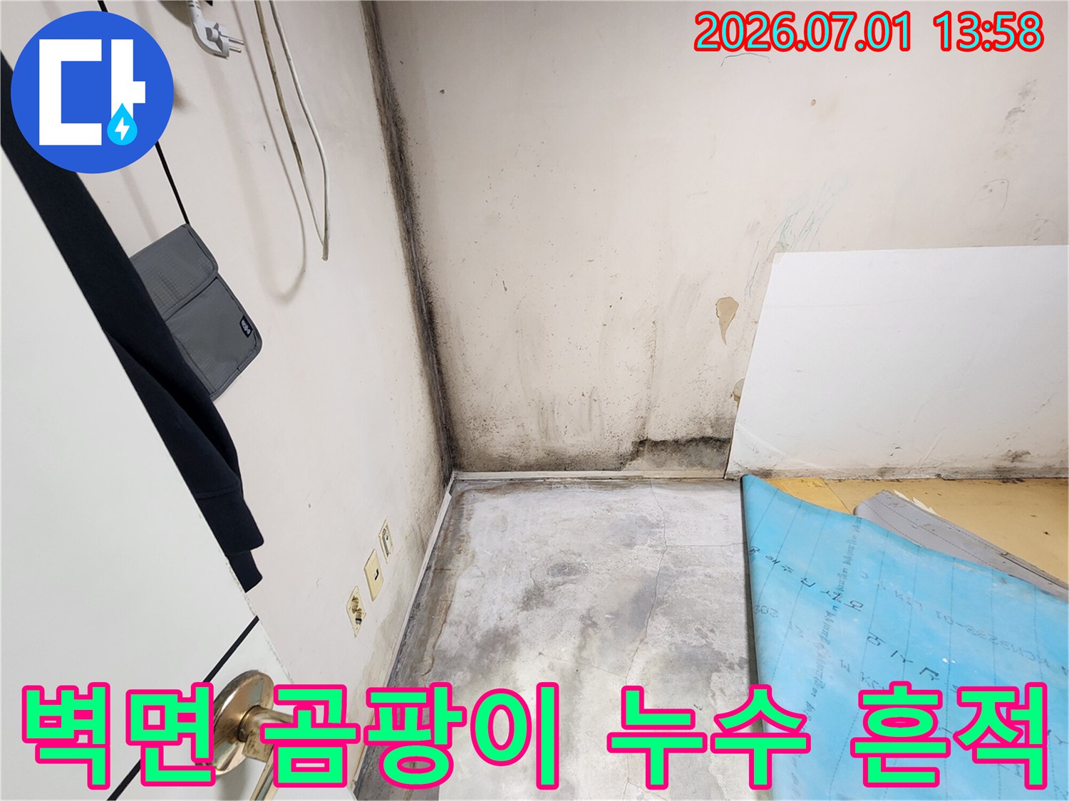 벽과 바닥 경계에 심각한 곰팡이와 습기로 인한 누수 피해를 보여주는 사진