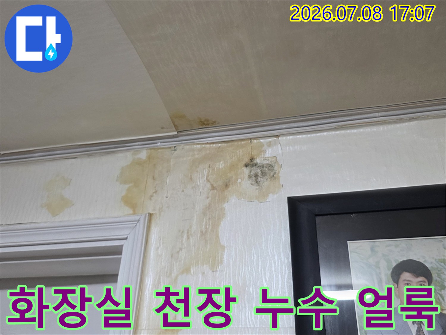 화장실 벽면과 천장 경계부에 발생한 누수 흔적 및 곰팡이