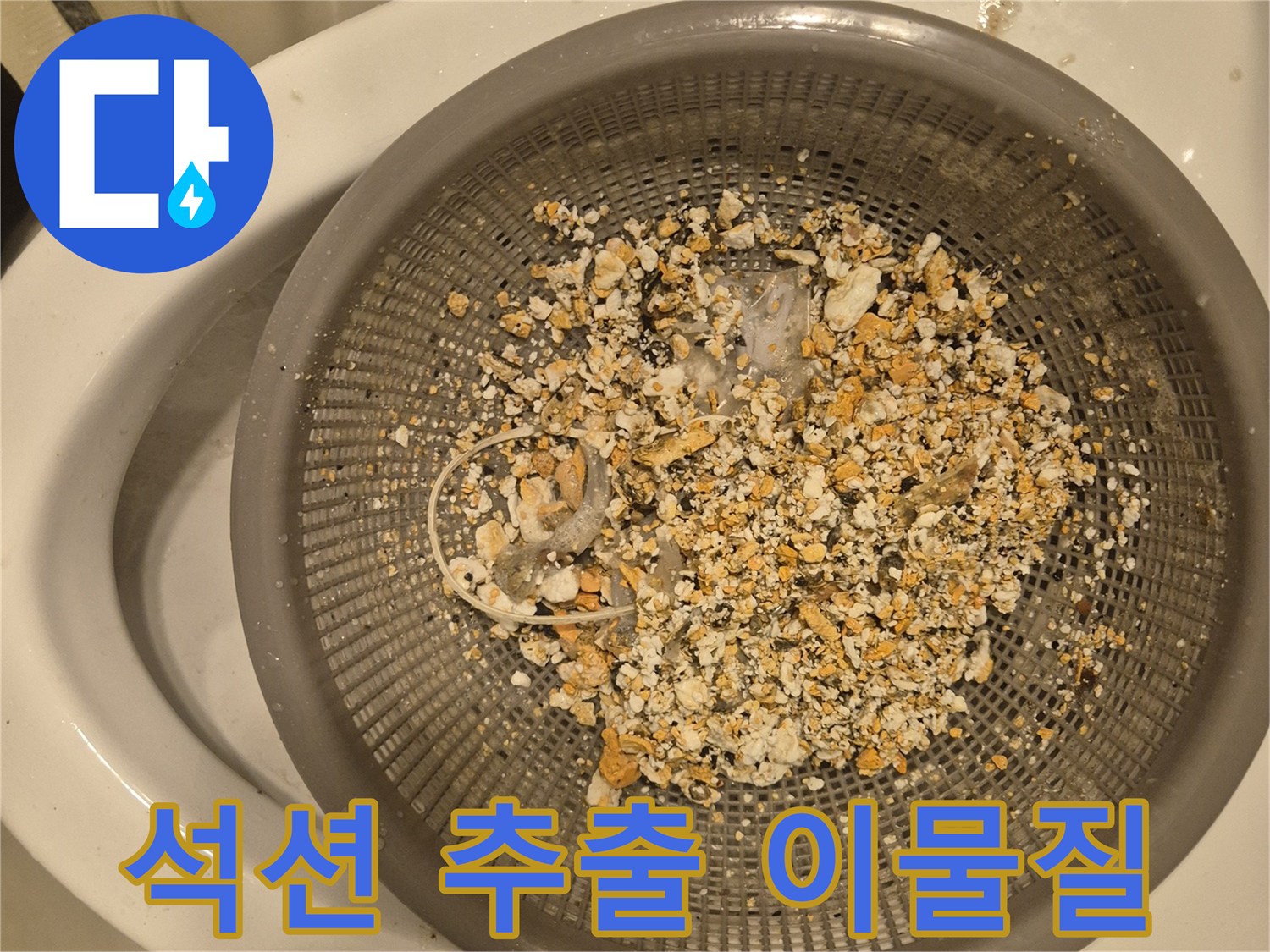 싱크대 배관 석션 작업 후 필터에 걸러진 기름 슬러지와 음식물 찌꺼기