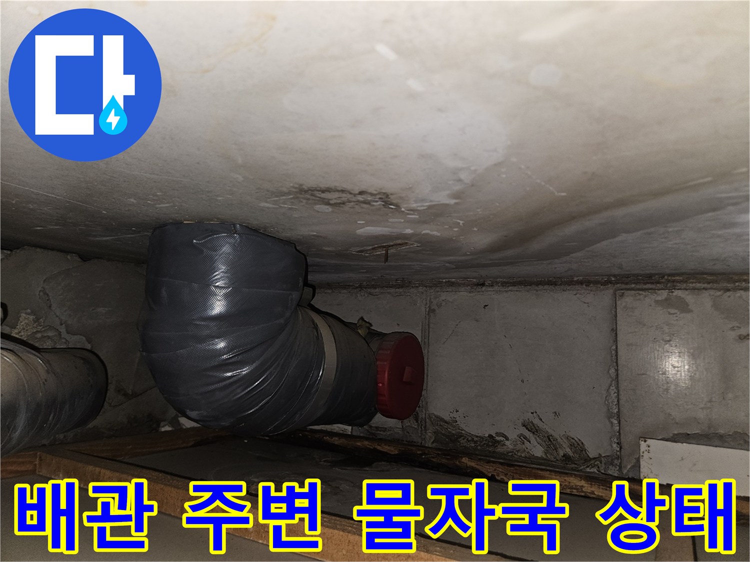 축축하게 젖은-천장재와 연결된 배관의 오염 부위