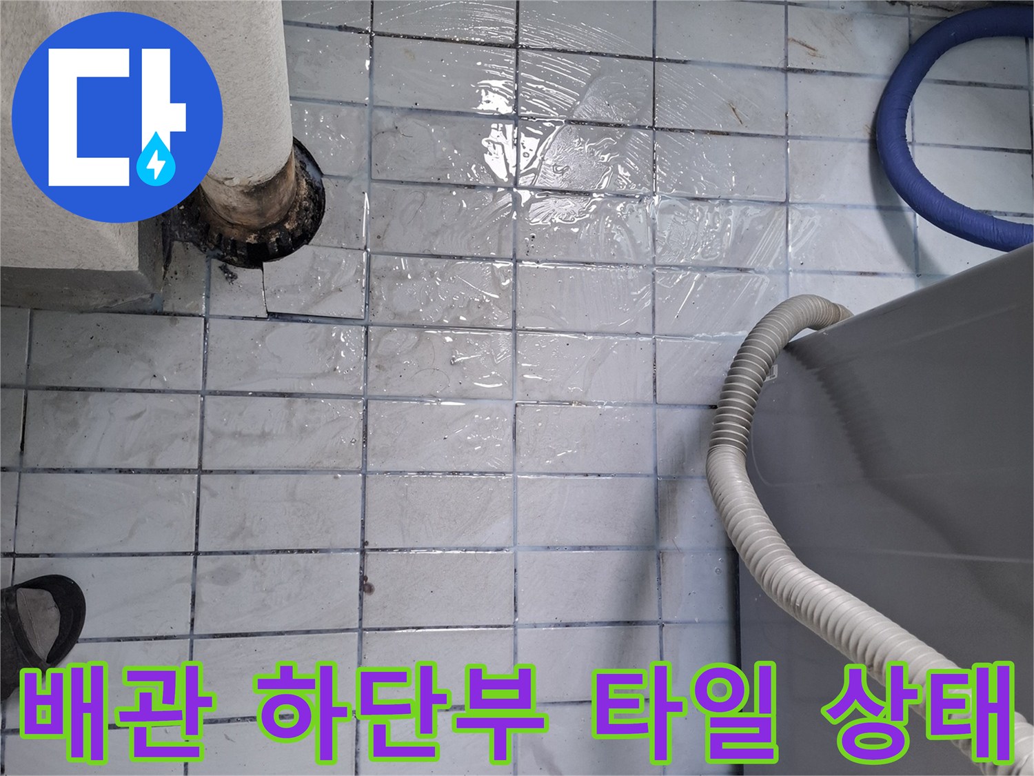 우수관 배관과 바닥 타일 접합 부위의 습기 머금은 모습입니다.